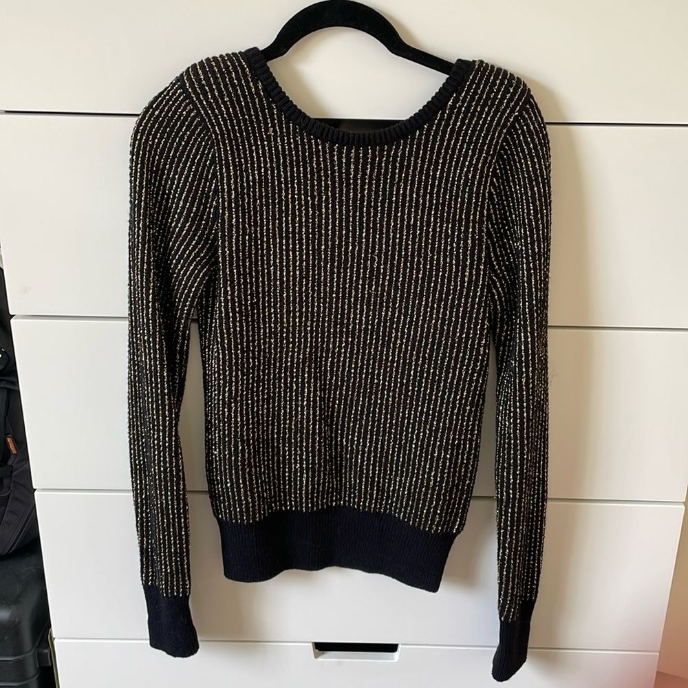 & Other Stories Sweater Black Gold Tinsel Striped Deep V Back Sweater, Small